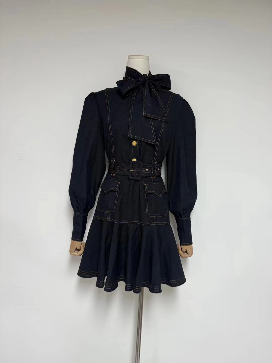 Bow-Accented Blue Dress with Belt