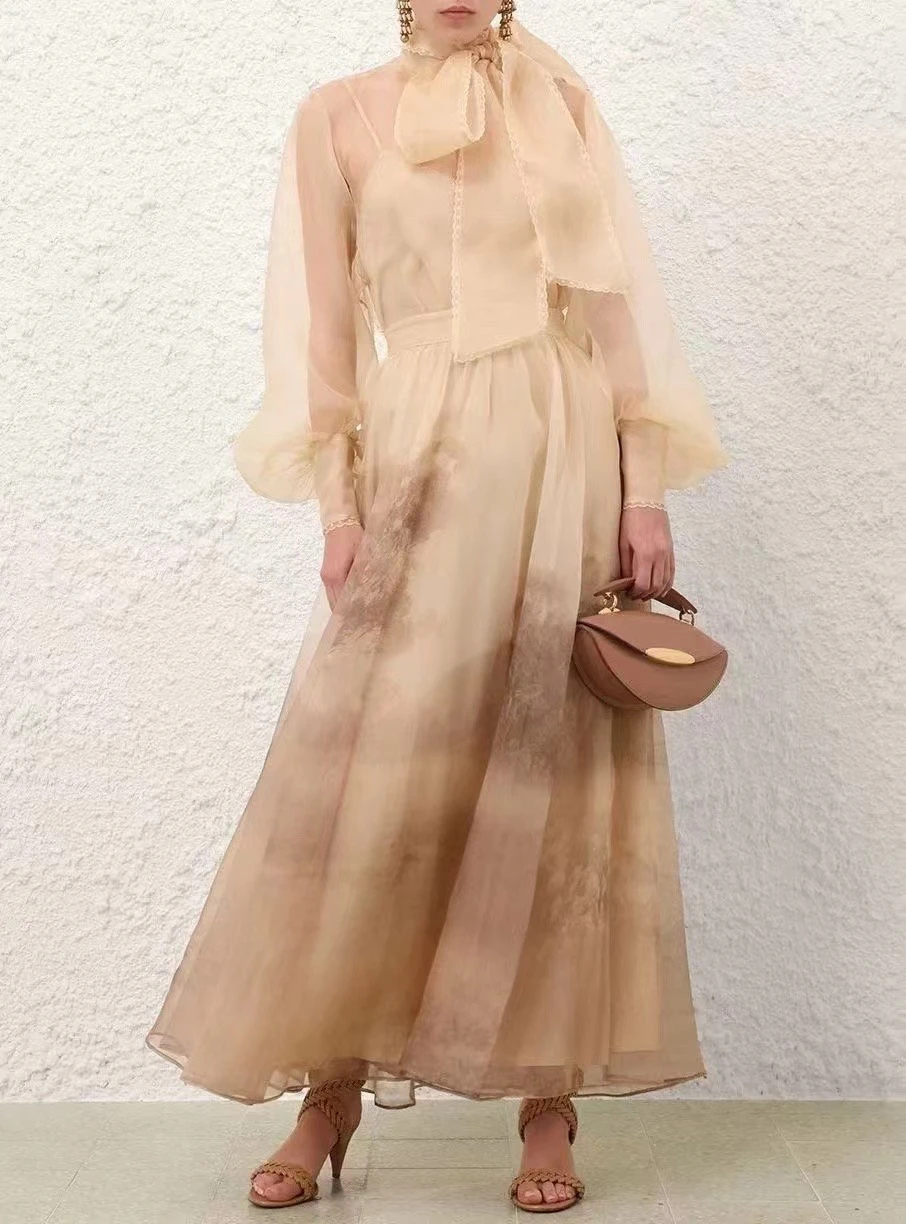 Sheer Chiffon Maxi Dress with Bow
