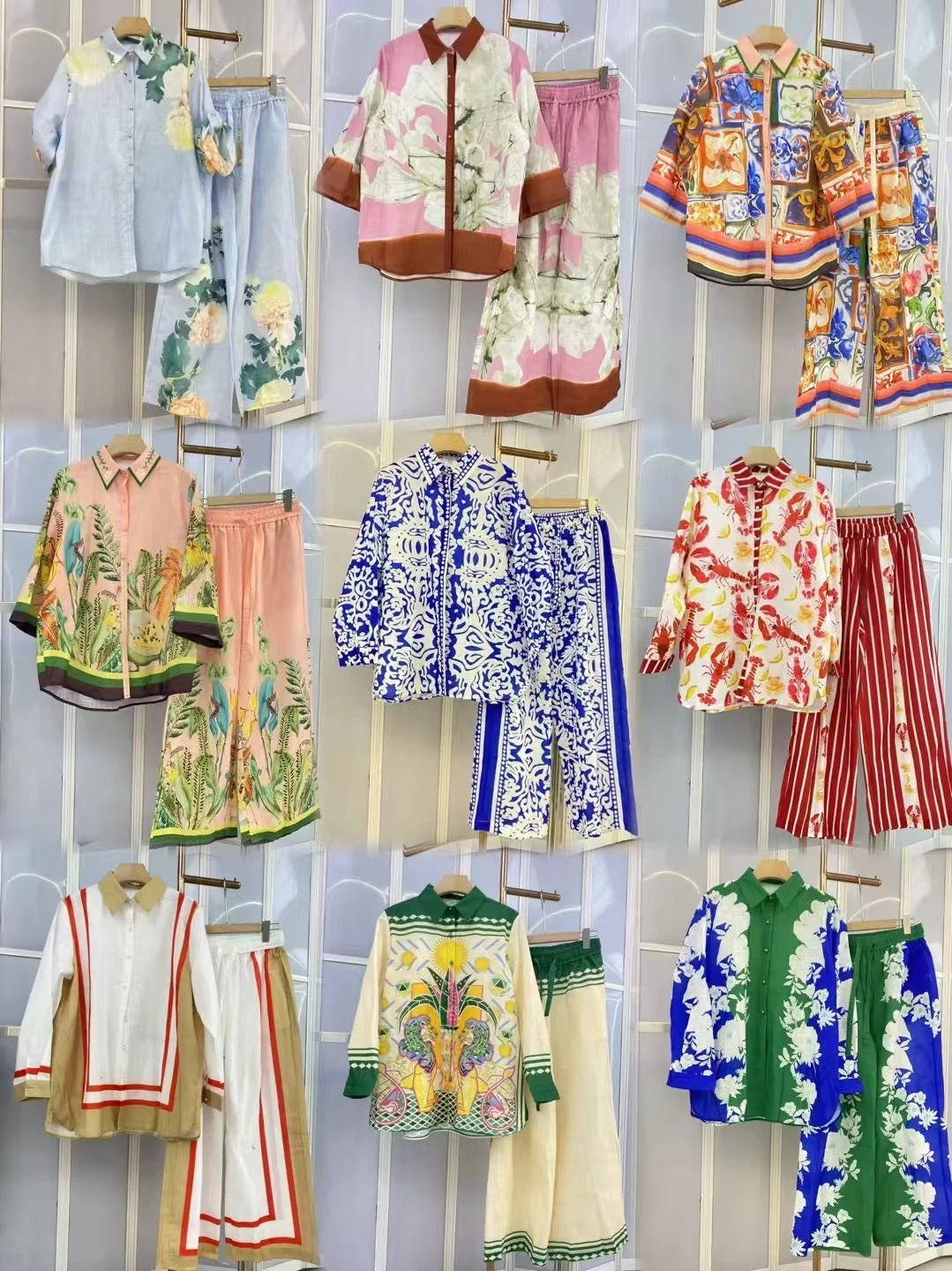 Vintage-Inspired Floral &amp; Geometric Print Two-Piece Set (Shirt &amp; Skirt)