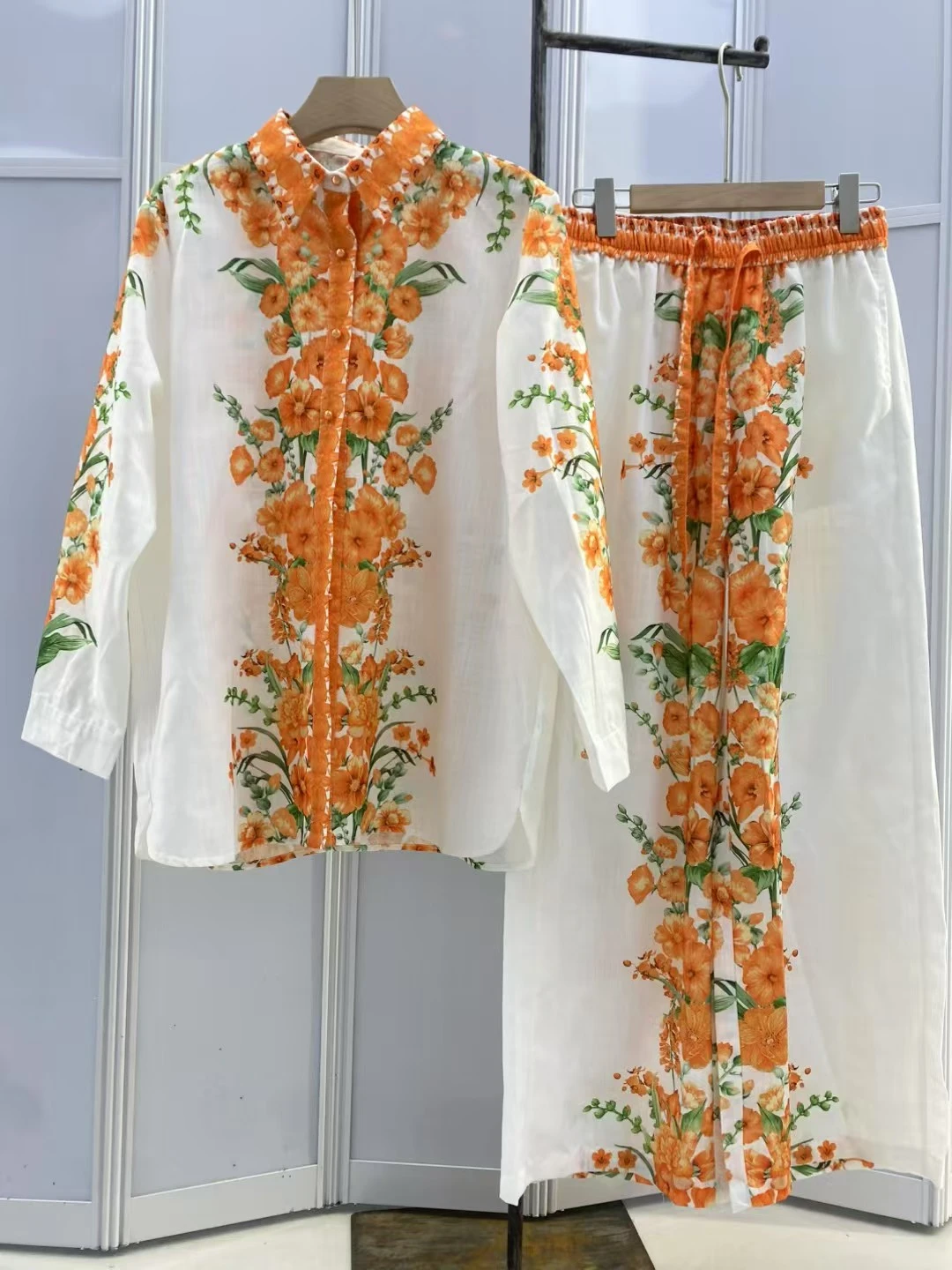 Vintage-Inspired Floral &amp; Geometric Print Two-Piece Set (Shirt &amp; Skirt)